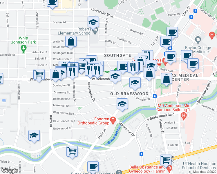 map of restaurants, bars, coffee shops, grocery stores, and more near 2202 Bellefontaine in Houston