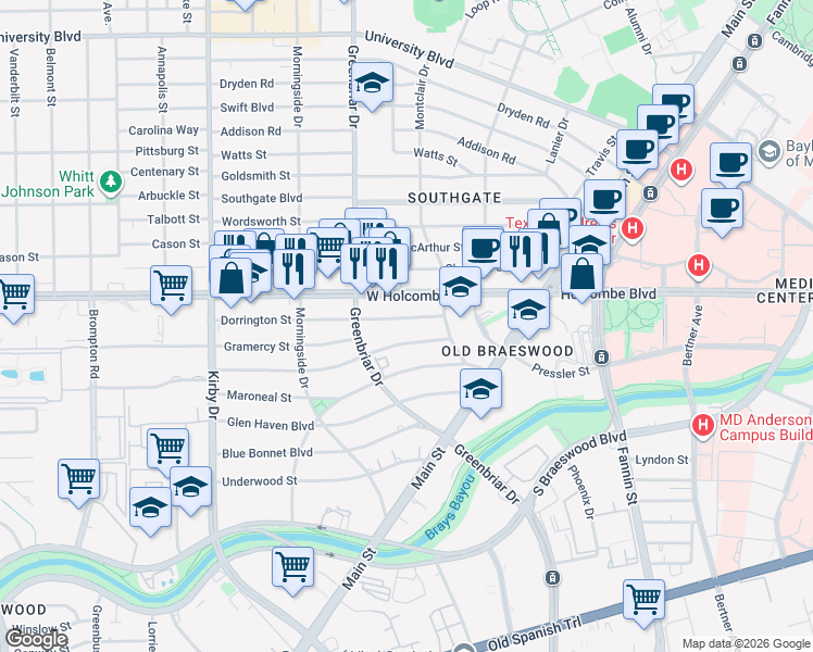 map of restaurants, bars, coffee shops, grocery stores, and more near 2218 Bellefontaine in Houston