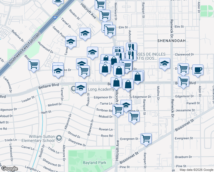 map of restaurants, bars, coffee shops, grocery stores, and more near 6322 Leader Street in Houston