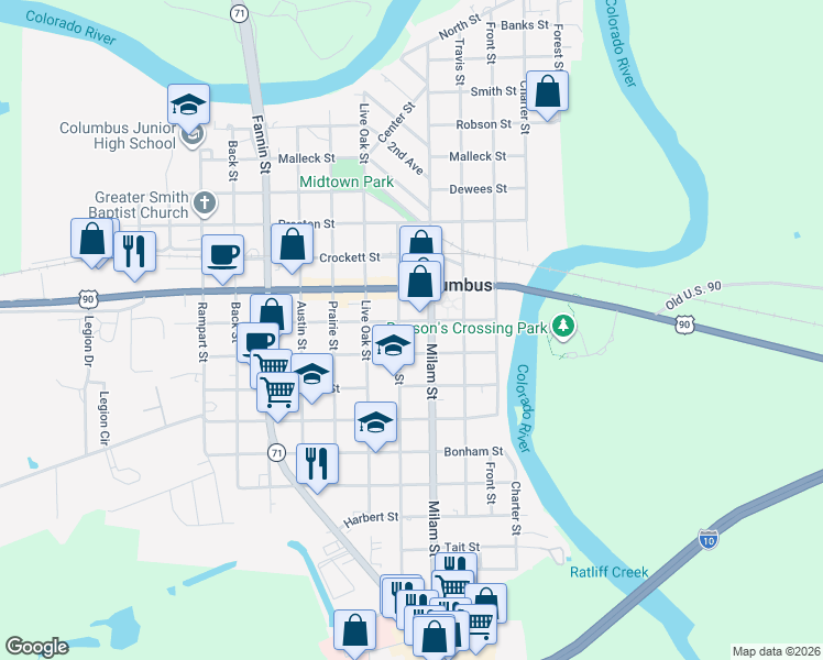 map of restaurants, bars, coffee shops, grocery stores, and more near 1239 Bowie Street in Columbus