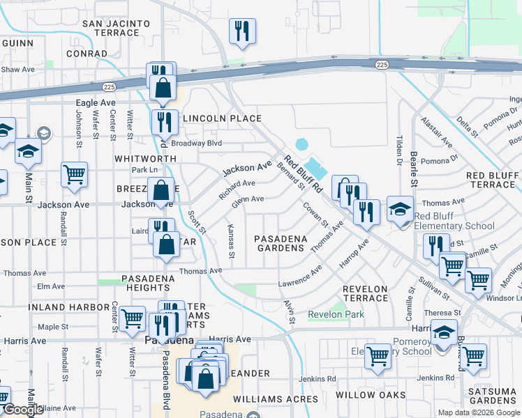 map of restaurants, bars, coffee shops, grocery stores, and more near 504 Alvin Street in Pasadena