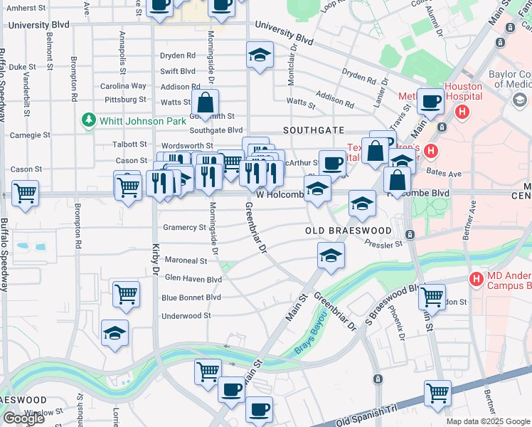 map of restaurants, bars, coffee shops, grocery stores, and more near 7000 Greenbriar Drive in Houston