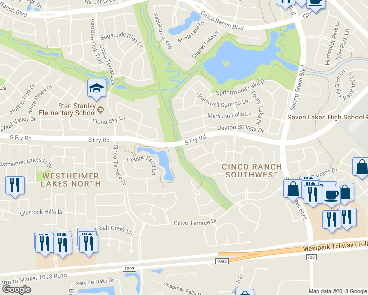 map of restaurants, bars, coffee shops, grocery stores, and more near 25634 Durango Falls Lane in Katy