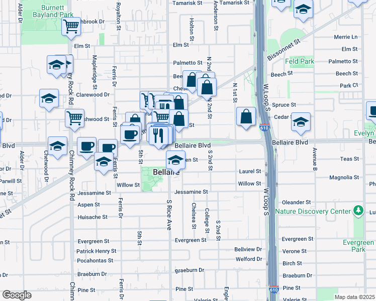 map of restaurants, bars, coffee shops, grocery stores, and more near 4922 Linden Street in Bellaire