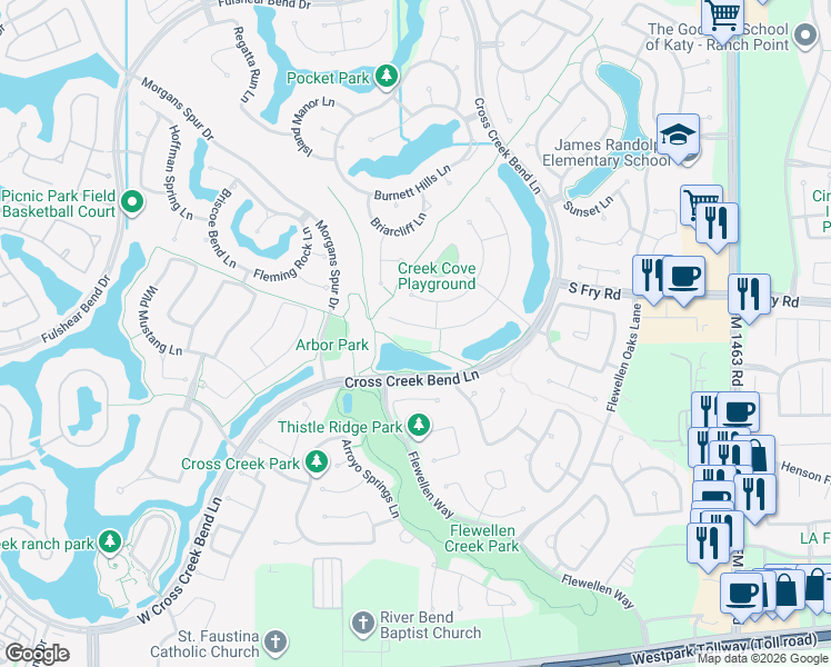 map of restaurants, bars, coffee shops, grocery stores, and more near 5815 Caspian Falls Lane in Fulshear