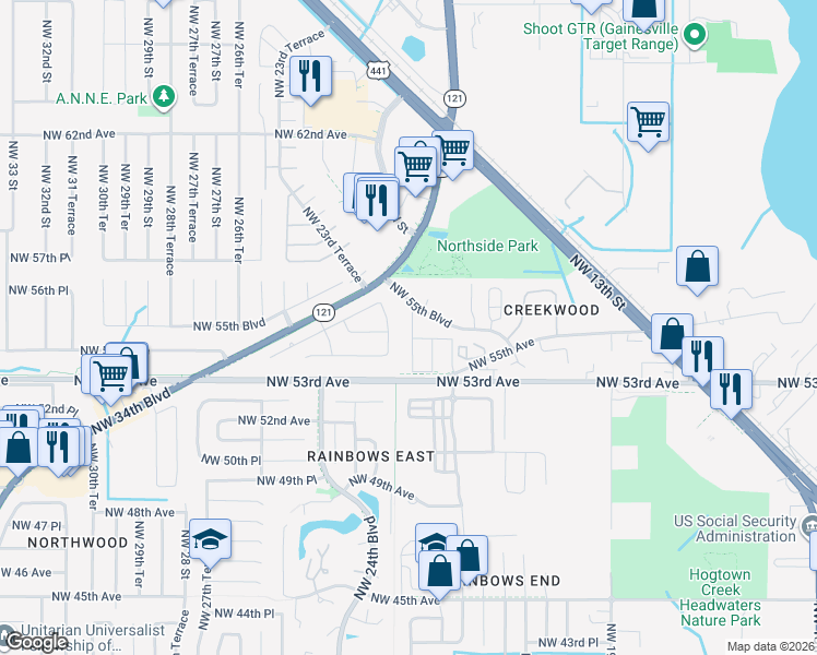 map of restaurants, bars, coffee shops, grocery stores, and more near 890-2074 Northwest 55th Boulevard in Gainesville