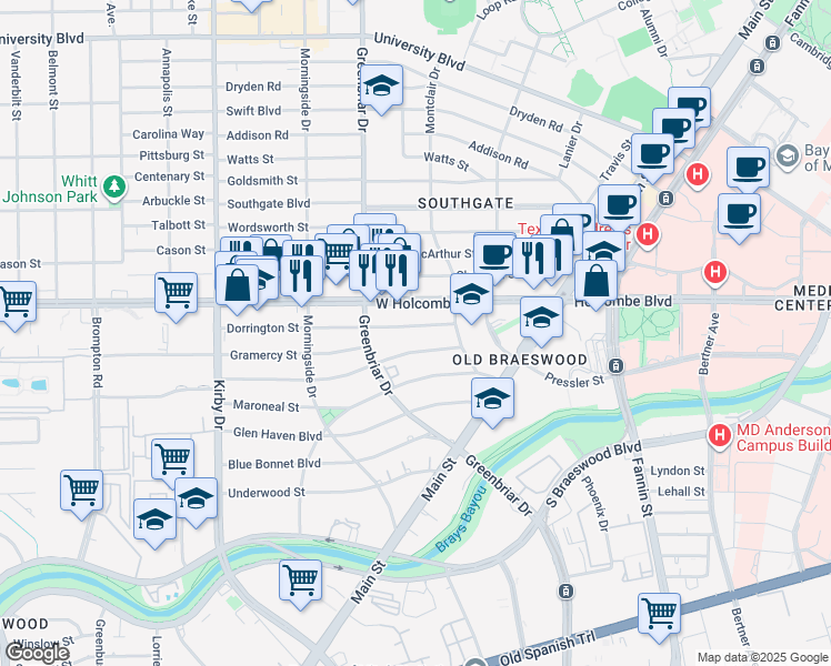 map of restaurants, bars, coffee shops, grocery stores, and more near 2218 Bellefontaine in Houston