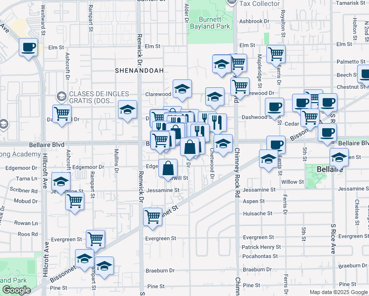 map of restaurants, bars, coffee shops, grocery stores, and more near 5704 Edgemoor Drive in Houston