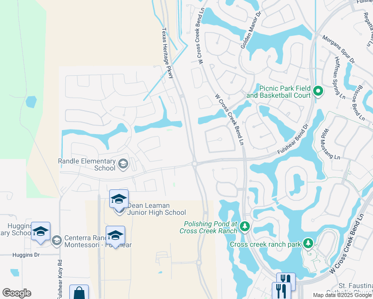 map of restaurants, bars, coffee shops, grocery stores, and more near Waterlilly Park Lane in Fulshear
