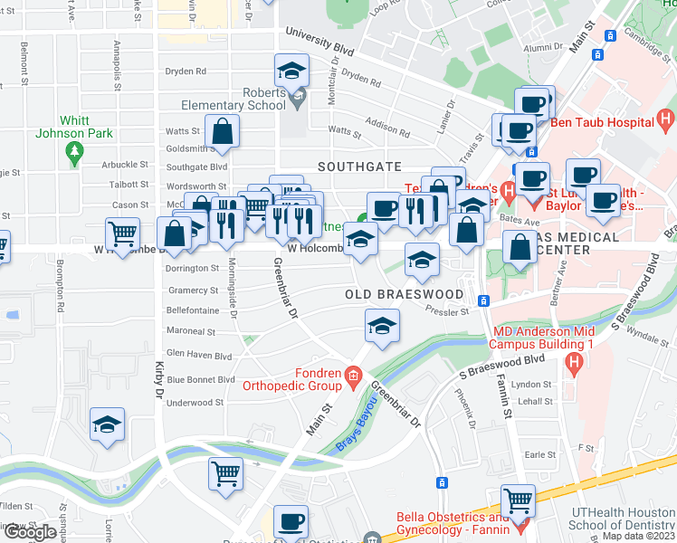 map of restaurants, bars, coffee shops, grocery stores, and more near 2202 Bellefontaine in Houston