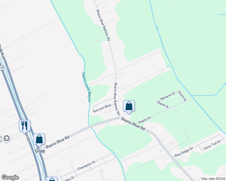 map of restaurants, bars, coffee shops, grocery stores, and more near 116-124 Bayou Blue Bypass Road in Gray
