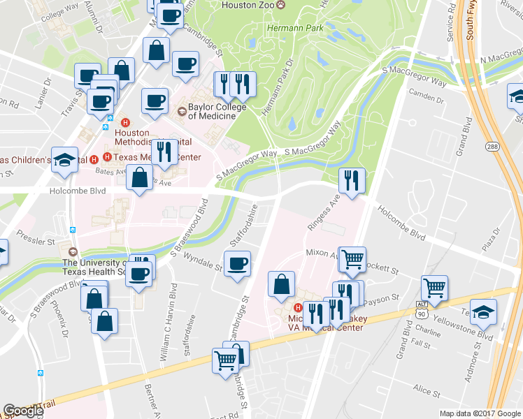 map of restaurants, bars, coffee shops, grocery stores, and more near 1935 Woodbury Street in Houston