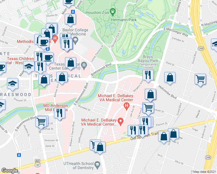 map of restaurants, bars, coffee shops, grocery stores, and more near 1935 Woodbury Street in Houston