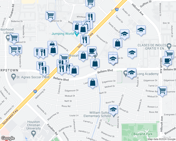 map of restaurants, bars, coffee shops, grocery stores, and more near in Houston