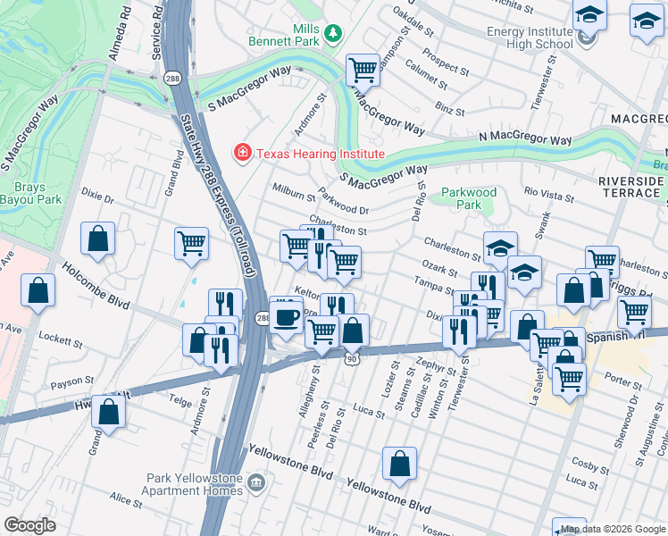 map of restaurants, bars, coffee shops, grocery stores, and more near 3338 Dixie Drive in Houston