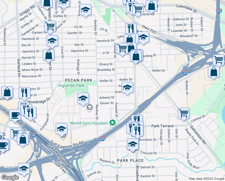 map of restaurants, bars, coffee shops, grocery stores, and more near 7821 Scanlock Street in Houston