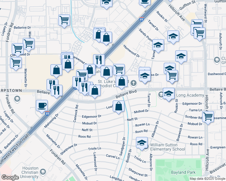 map of restaurants, bars, coffee shops, grocery stores, and more near in Houston