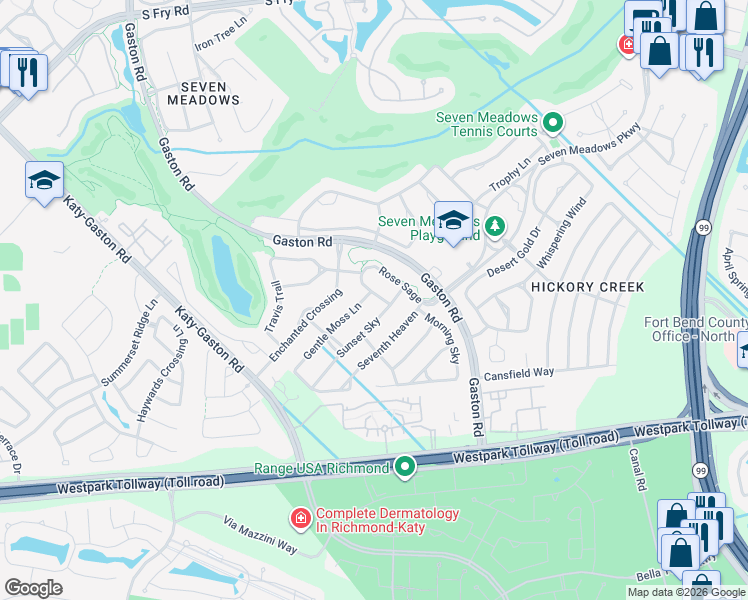 map of restaurants, bars, coffee shops, grocery stores, and more near 23902 Sunset Sky in Katy