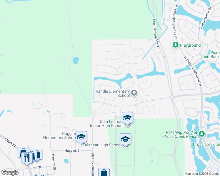 map of restaurants, bars, coffee shops, grocery stores, and more near 6920 Katy-Fulshear Road in Fulshear