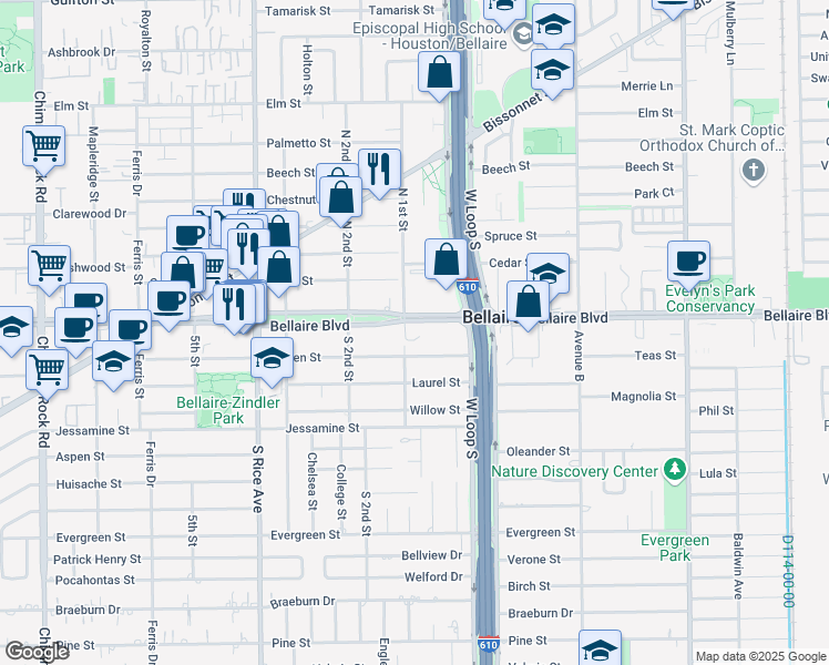 map of restaurants, bars, coffee shops, grocery stores, and more near 4747 Bellaire Boulevard in Bellaire