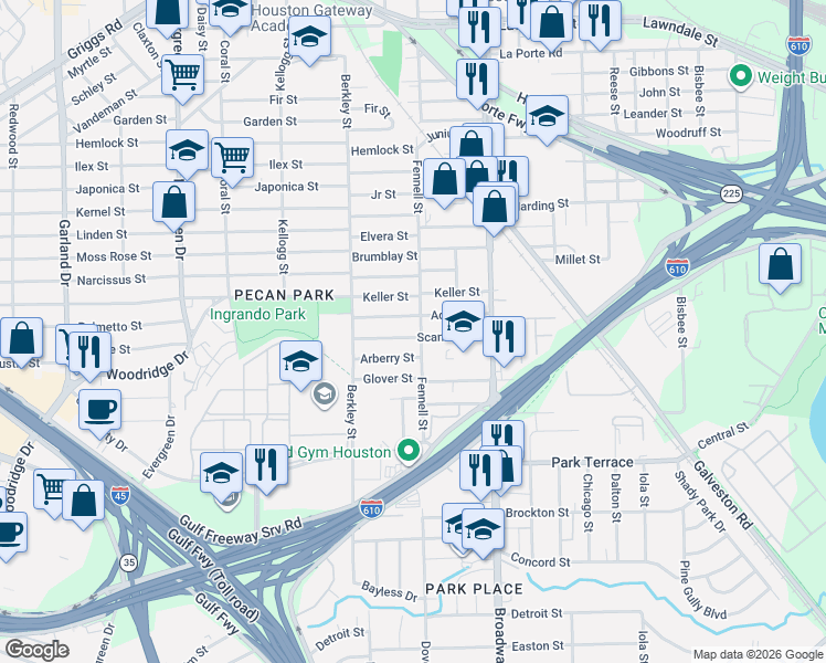 map of restaurants, bars, coffee shops, grocery stores, and more near 7819 Adrian Street in Houston