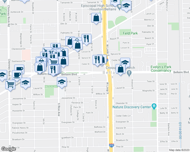 map of restaurants, bars, coffee shops, grocery stores, and more near 4747 Bellaire Boulevard in Bellaire