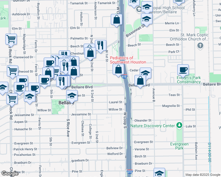 map of restaurants, bars, coffee shops, grocery stores, and more near in Bellaire