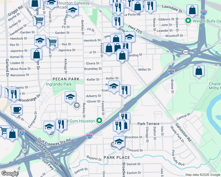 map of restaurants, bars, coffee shops, grocery stores, and more near 7919 Adrian Street in Houston