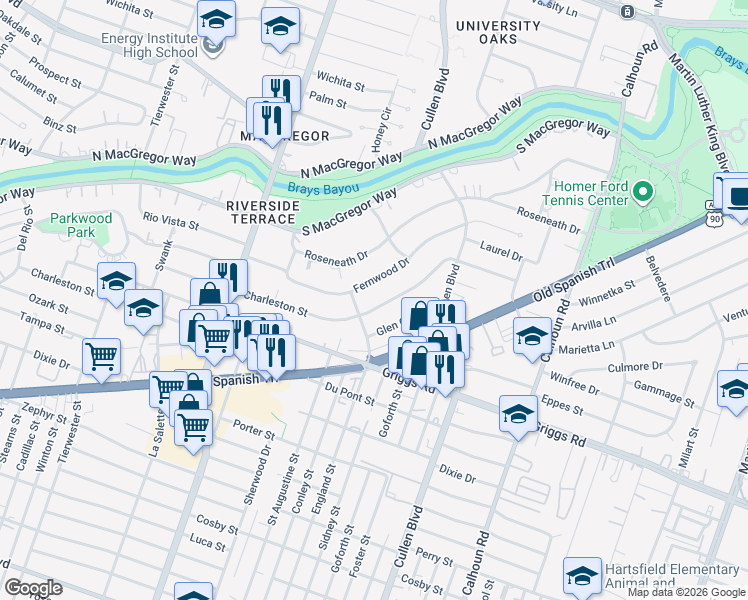 map of restaurants, bars, coffee shops, grocery stores, and more near 4020 Fernwood Drive in Houston