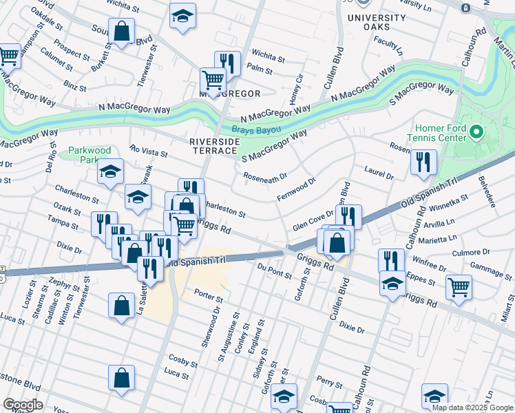 map of restaurants, bars, coffee shops, grocery stores, and more near 3943 Fernwood Drive in Houston