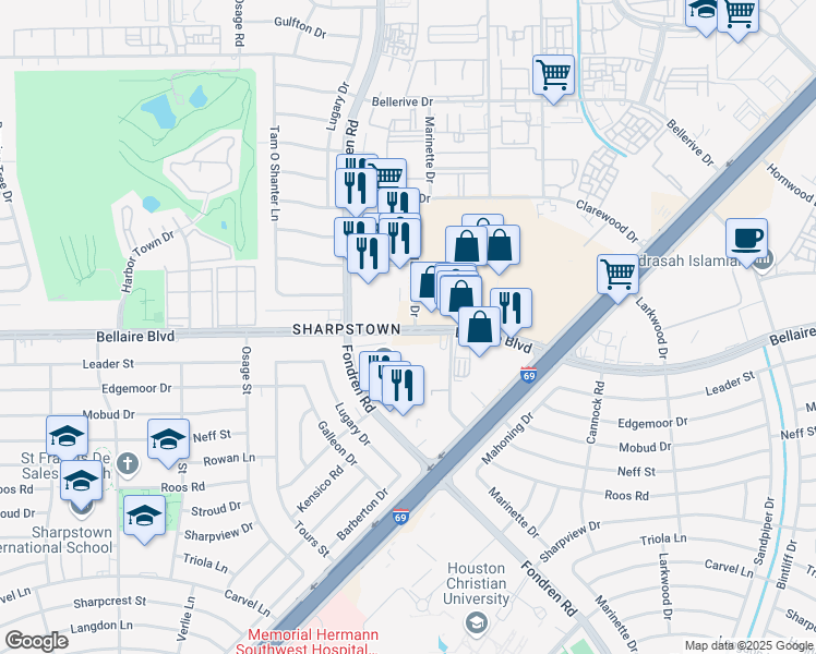 map of restaurants, bars, coffee shops, grocery stores, and more near 6815-6899 Marinette Dr in Houston