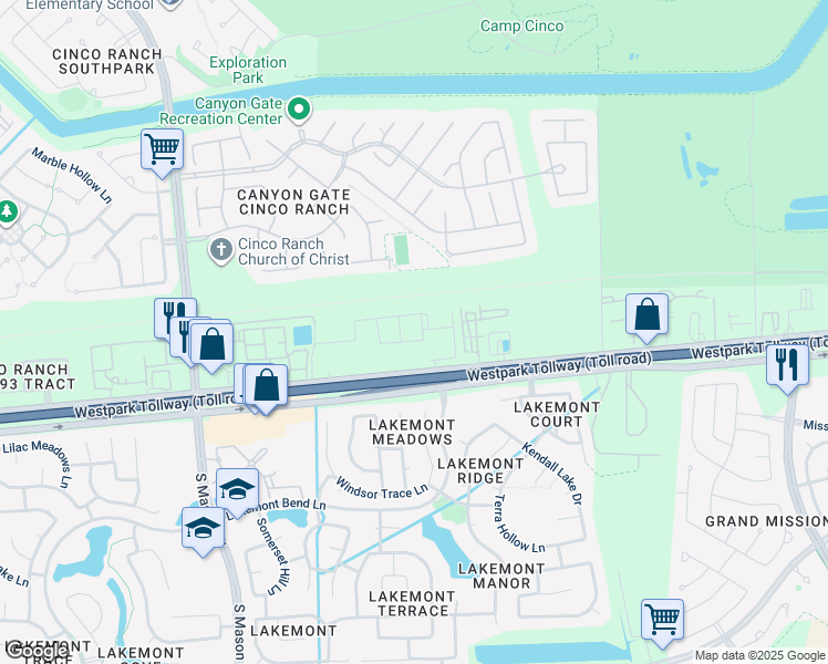 map of restaurants, bars, coffee shops, grocery stores, and more near Barker Dam Trail in Katy