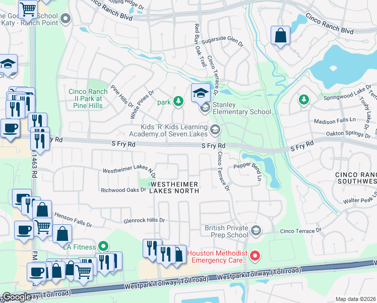 map of restaurants, bars, coffee shops, grocery stores, and more near 26302 Longview Creek Drive in Katy