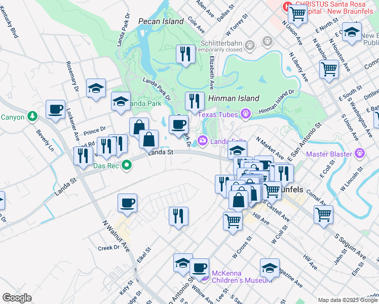 map of restaurants, bars, coffee shops, grocery stores, and more near 134 Landa Street in New Braunfels