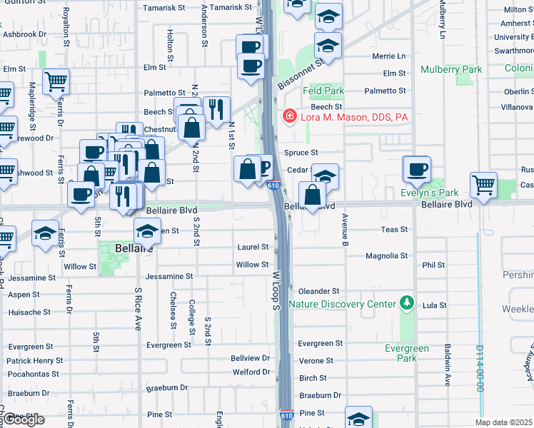 map of restaurants, bars, coffee shops, grocery stores, and more near 6800 West Loop South Freeway in Bellaire