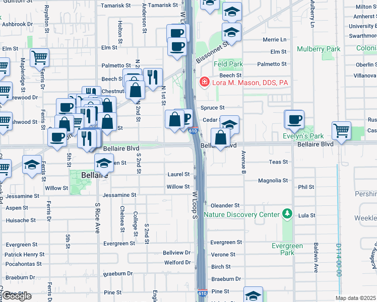 map of restaurants, bars, coffee shops, grocery stores, and more near 6800 West Loop South in Bellaire