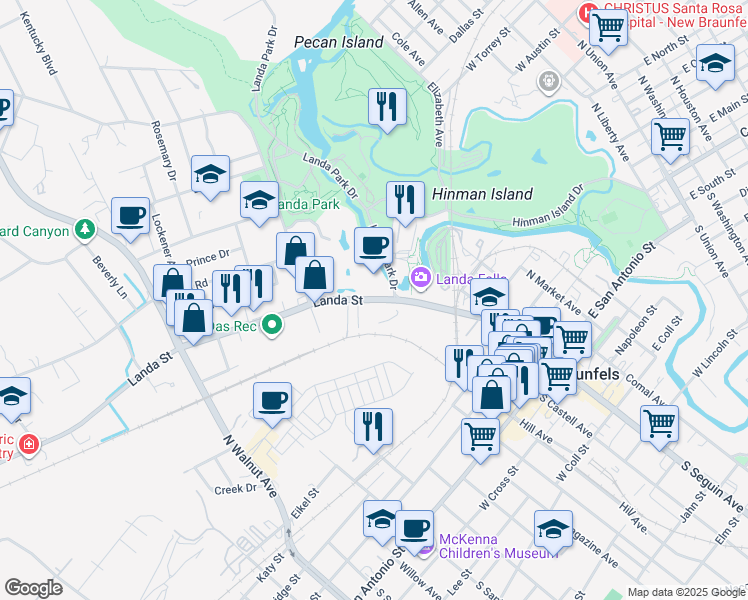 map of restaurants, bars, coffee shops, grocery stores, and more near in New Braunfels