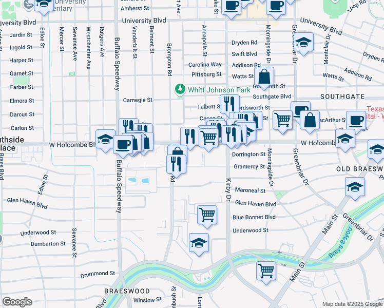 map of restaurants, bars, coffee shops, grocery stores, and more near 2727 W Holcombe Blvd in Houston