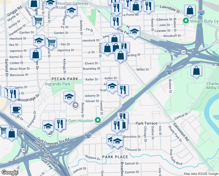 map of restaurants, bars, coffee shops, grocery stores, and more near 7919 Adrian Street in Houston