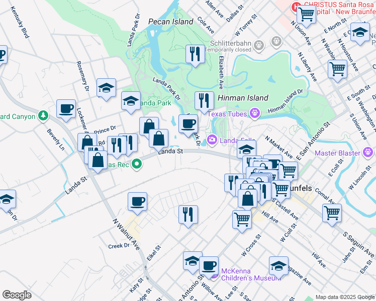 map of restaurants, bars, coffee shops, grocery stores, and more near 154 Landa Street in New Braunfels