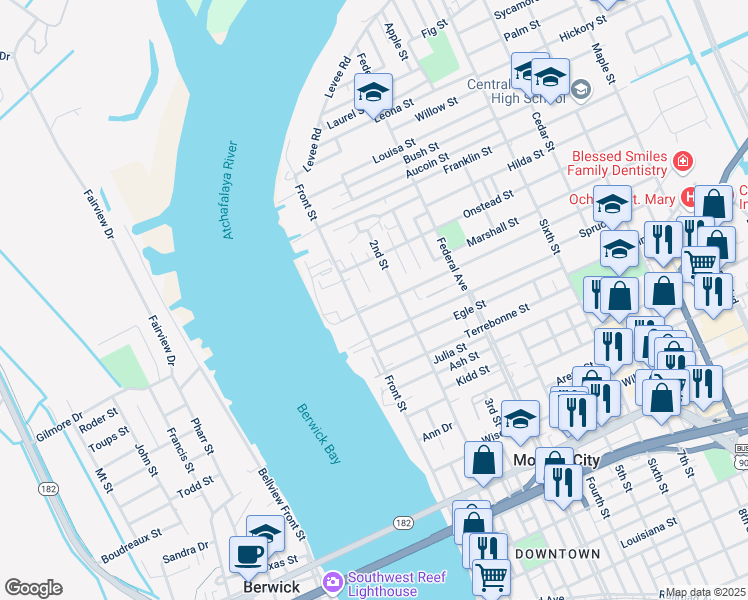 map of restaurants, bars, coffee shops, grocery stores, and more near 1423 North 1st Street in Morgan City