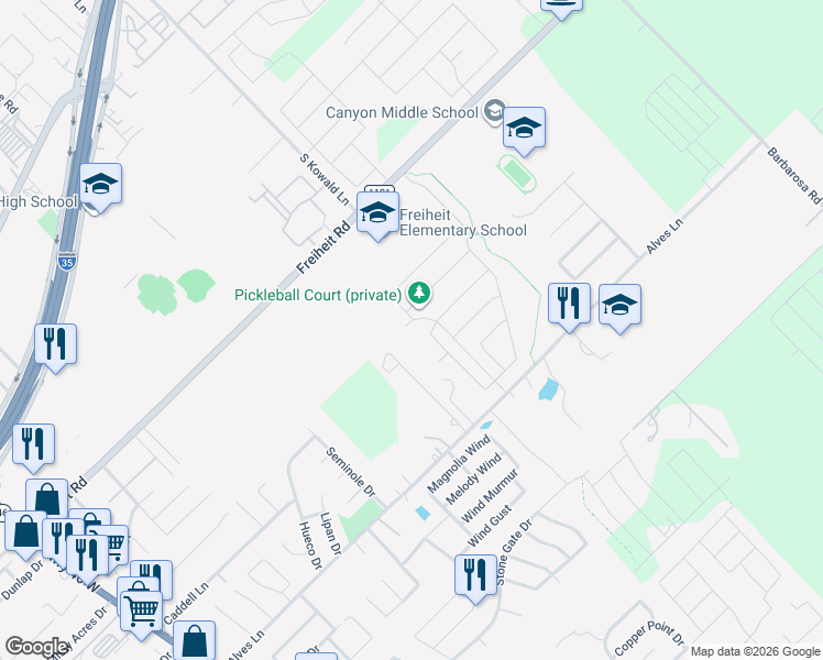 map of restaurants, bars, coffee shops, grocery stores, and more near 293 Alves Lane in New Braunfels