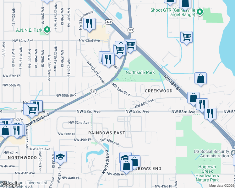 map of restaurants, bars, coffee shops, grocery stores, and more near 2220 Northwest 55th Boulevard in Gainesville