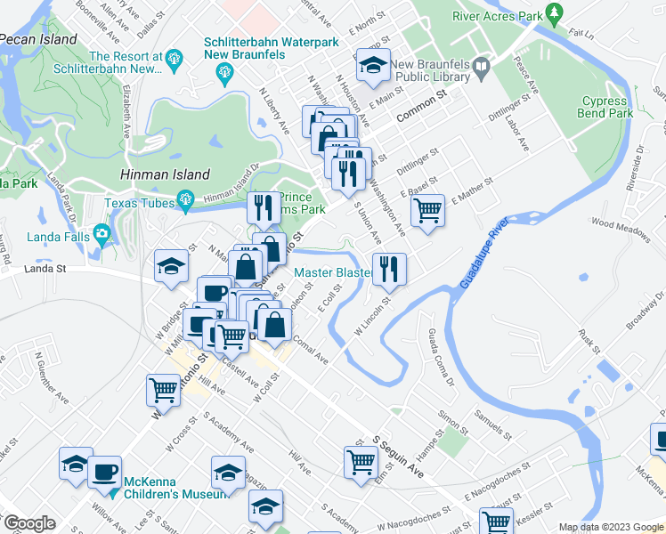map of restaurants, bars, coffee shops, grocery stores, and more near 331 South Gilbert Avenue in New Braunfels