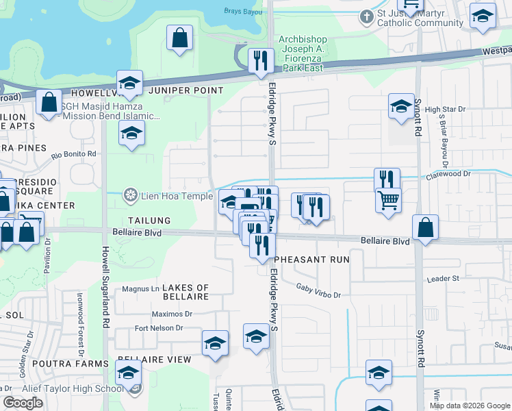 map of restaurants, bars, coffee shops, grocery stores, and more near 6614 Sunrise Valley Lane in Houston