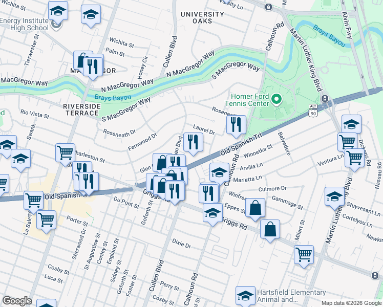 map of restaurants, bars, coffee shops, grocery stores, and more near 4323 Alconbury Lane in Houston