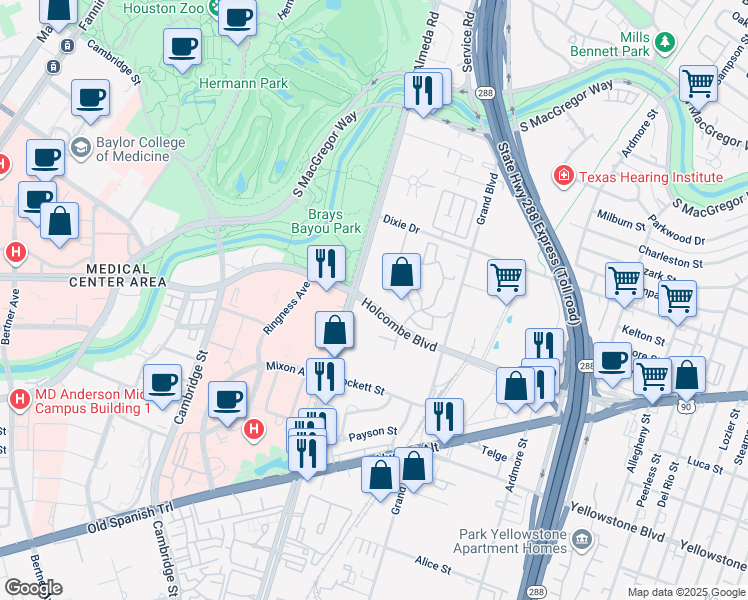 map of restaurants, bars, coffee shops, grocery stores, and more near 2403 Holcombe Boulevard in Houston