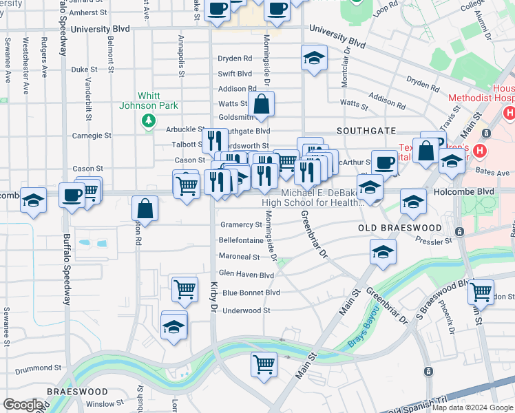 map of restaurants, bars, coffee shops, grocery stores, and more near in Houston