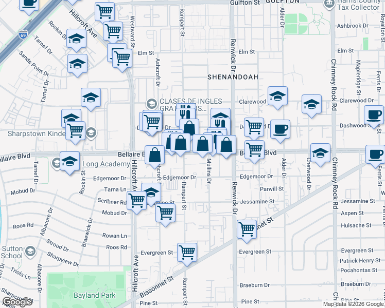 map of restaurants, bars, coffee shops, grocery stores, and more near 6060 Bellaire Boulevard in Houston