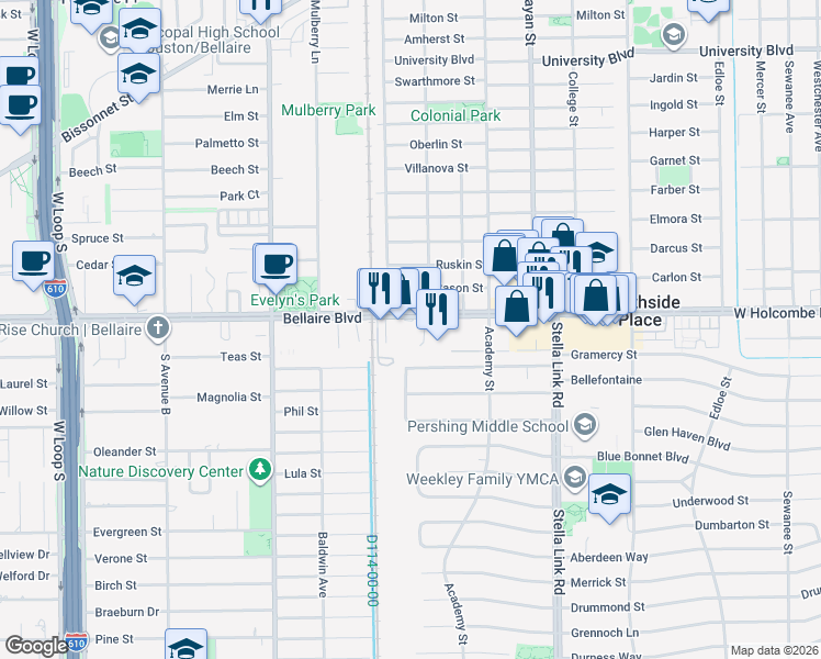 map of restaurants, bars, coffee shops, grocery stores, and more near 4211 Bellaire Boulevard in Houston
